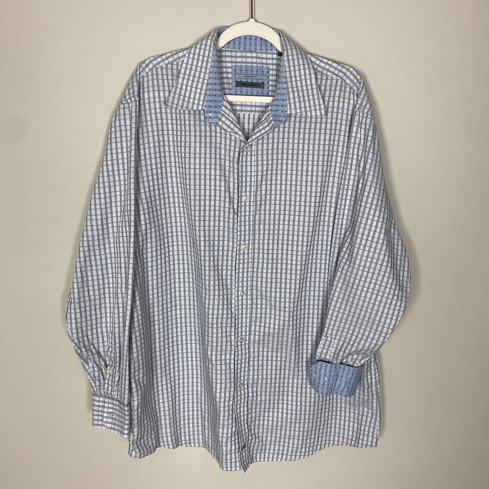 Johston & Murphy Button Up Shirt Mens XL Tailored Fit Flip Cuff Blue Plaid Dress